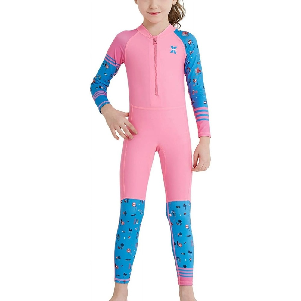 Girls Dive & Sail Full Body Rashguard Long Sleeve Swimsuit XL Pink Blue